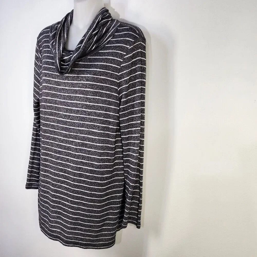 Chicos Tunic Top Womens Size 1 Medium Gray Striped Cowl Neck Long Sleeve Rayon